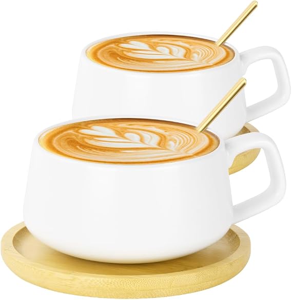 Cappuccino Cup & Saucer Set, 2 Pcs Porcelain Espresso Coffee Cup with Saucer and Spoon, 320ML Wide Cappuccino Cups, Ceramic Coffee Cups Set for Tea, Coffees, Espresso, Americano, Latte