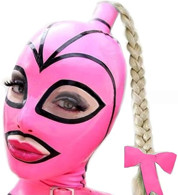 Sexy Pink Black Stripe Rubber Hood Latex Mask with Twist Braid Wig Back Zipper Fetish Club Ball Cosplay Halloween