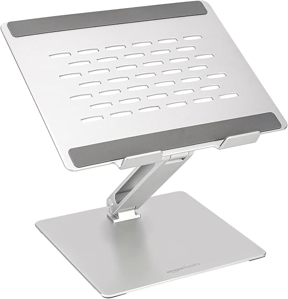 Amazon Basics Adjustable Ergonomic Laptop Stand, Multi-Angle with Heat Vent, Pre-Tightened Hinges for Stability, Fits 10 (25.4 cm) - 17 Inches (43.2 cm) Laptops, Silver