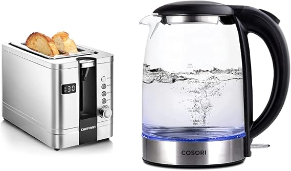 Chefman 2-Slice Digital Toaster, Pop-Up, Stainless Steel & COSORI Electric Kettle 1.7L, 1500W Wide Opening Glass Tea Kettle & Hot Water Boiler, Stainless Steel Filter And Inner Lid, Black