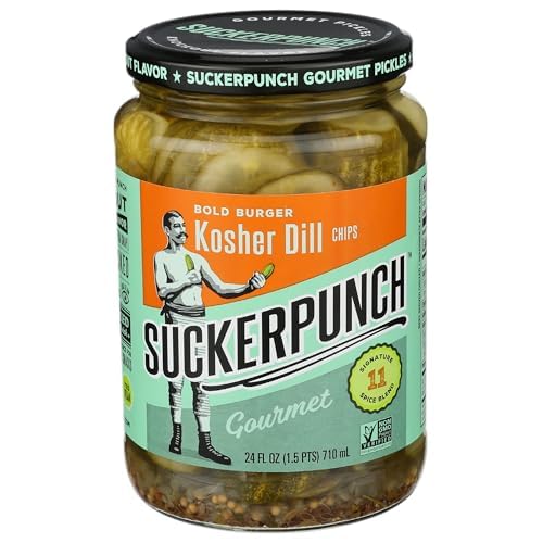 SuckerPunch Bold Burger Dill Pickle Chips, Gluten Free, Kosher, Sugar Free, Low Calorie, Low Carb, Ready to Eat, Non GMO, Keto Friendly, Gourmet Pickles, Sliced Dill Pickles, Vegan, 24 Oz Jar