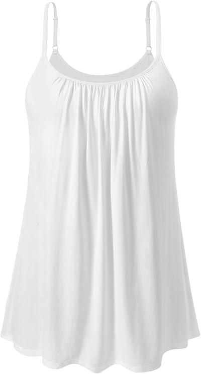 Accbiety Women's Camisole with Built Bra Flowy Loose Fit Cami Pleated Adjustable Strap Tanks
