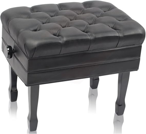 Griffin Piano Bench (Genuine Leather Plus Series) Adjustable Ergonomic Keyboard Stool with Storage, Black Wood Frame for Home, Musicians, Guitar & Vanity Use