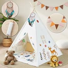 Teepee Tent for Kids, Kids Tent Indoor with Colorful Flags, Kid Play Tents Featuring Thickened Mat and Dream Catcher, Foldable Toddler Tents for Girls & Boys