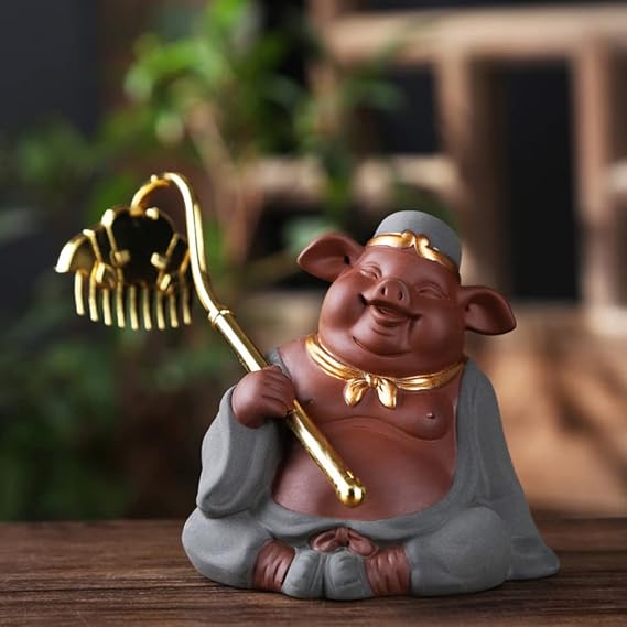 Pig Zhu Bajie Statue, Cute Lucky Pig Statue, Purple Sand Feng Shui Pig,Sun Wukong's Second Brother Happy Pig Figure for Wealth, Collectible Gift (Style - B)