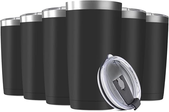 6 Pack 20oz Tumbler Vacuum Insulated Travel Mug with Lids, Stainless Steel Double Wall Bulk Cup for Home, Office, Outdoor Suitable for Vehicle Cup Holders(Black)