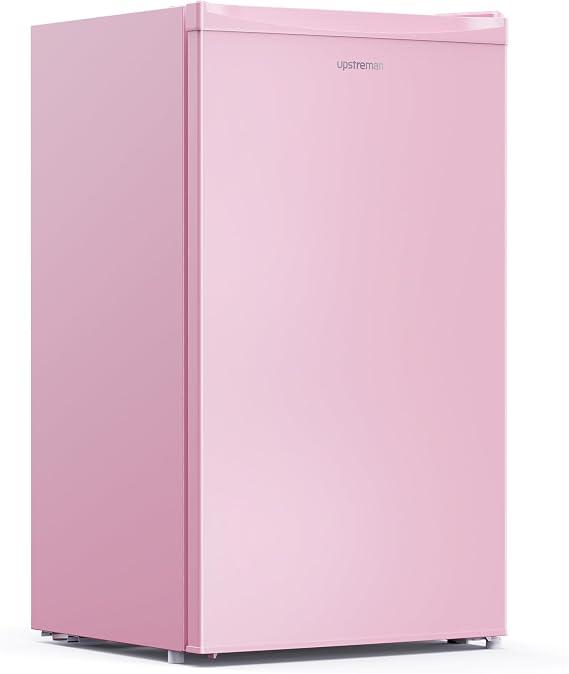 Upstreman 3.2 Cu.Ft Mini Fridge with Freezer, Pink-BR321 | Adjustable Thermostat, Energy Saving, Low Noise, Reversible Door, Small Refrigerator for Dorm, Bedroom, Office