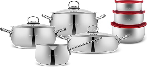 Karaca Stainless Steel Cookware Set 13-Piece, Saucepan, Pot Set, Induction Kitchen Cooking Set for Daily Cooking, Elegant Silver Finish Pots and Pans Set