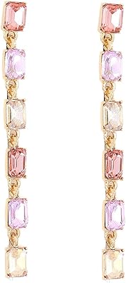 Colorful Crystal Dangle Drop Earrings for Women,Gold Multicolor Long Linear Square Rhinestone Chandelier Earrings,Iridescence CZ Ear Jewelry for Prom