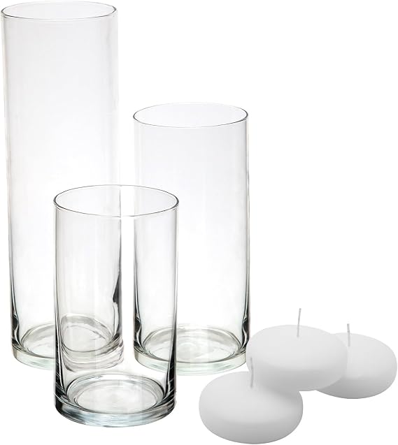 Royal Imports Glass Cylinder Flower Centerpiece Vases Set of 3 + Royal Imports 3 White 10 Hr Floating Candles 12 Pack