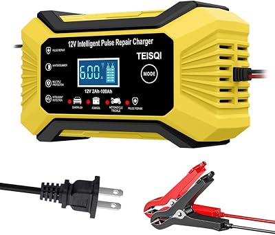 Car Battery Charger, 12V 6A Smart Battery Trickle Charger Automotive 12V Battery Maintainer Desulfator with Temperature Compensation for Car Motorcycle Mower Marine Lead Acid Batteries Yellow