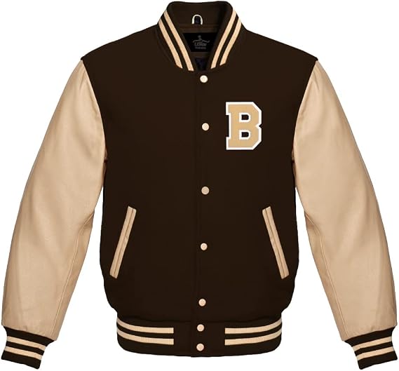 Men's Varsity Baseball Letterman Bomber Brown Wool & Cream Genuine Leather Sleeves B Logo Jacket