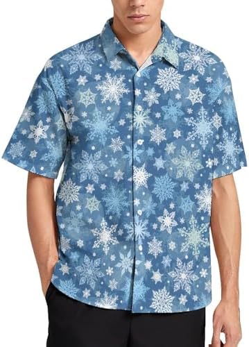 Christmas Snowflake Pattern Mens Shirts Casual Hawaiian Shirts Short Sleeve Button Down Summer Shirt