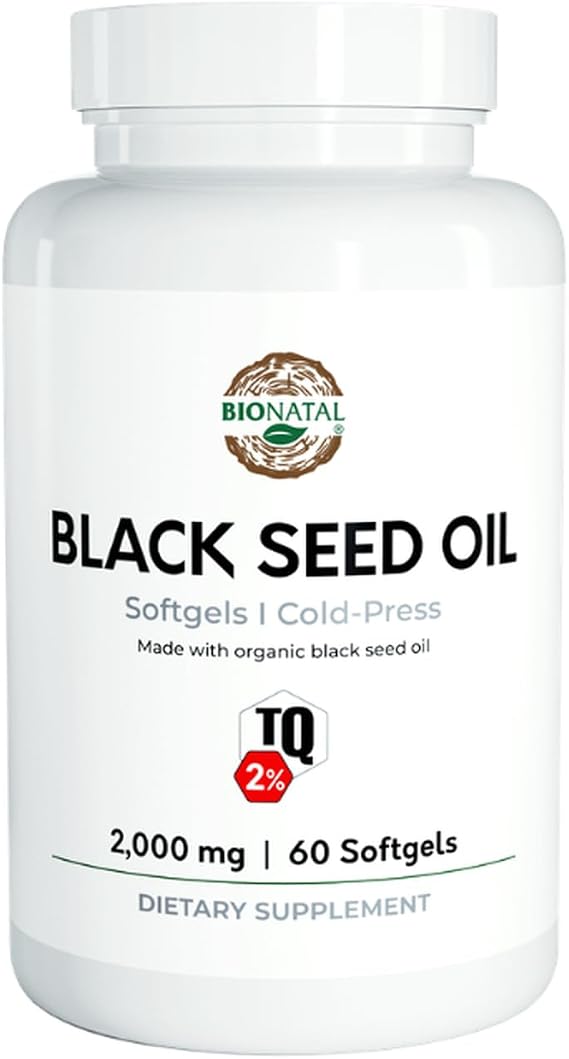 BioNatal Black Seed Oil Softgels | 2% Thymoquinone (TQ) -Organic Nigella Sativa Softgels 2,000mg | Organic Black Cumin Seed Oil - Nigella Sativa | Black Seed Oil | (60 Softgels)