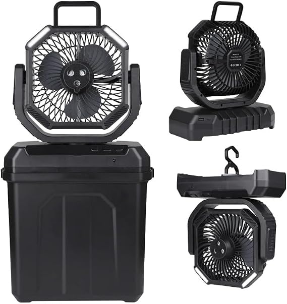 4 in 1 Misting Camping Fan Portable for Outside with 6L Bucket, Remote Control, 2 LED Light, Stepless Speed Control, Cooling Spray, 20000mAh Rechargeable, Timer Function, Rotating Hanging Hook