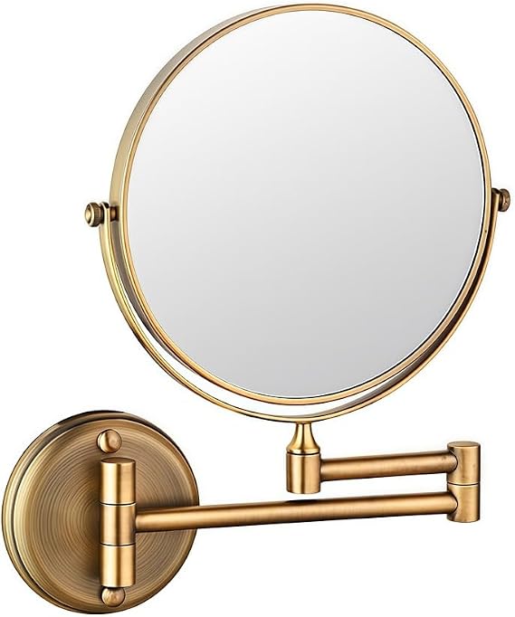 Wall Mounted Makeup Mirror, 360° Swivel and Extendable 5X Magnifying Mirror 8 inch Brass Magnifying Shaving Mirror, Rotatable Folding Bathroom Double Sided Vanity Mirrors,Antique