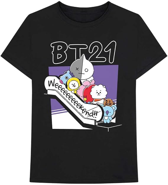 BT21 BTS Kpop Unisex Cotton Crew Neck Short Sleeves Tee Shirt (Weekend Black, Small)