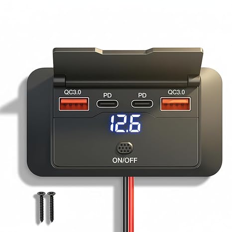 4 Port USB Car Charger Socket 12V/24V, 96W Fast Charge, Dual USB-C PD 36W & QC3.0, Waterproof Car USB Outlet with Switch & Voltmeter for Car RV Boat Truck Camper Van