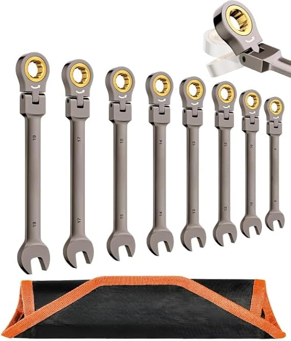 8PCS Flexible Head Ratchet Spanner Set 8–19mm – Chrome Vanadium Steel (CR-V), 72 Teeth, Flexible Head Wrenches for Car & Bicycle Repair, DIY Mechanic Tool Kit with Roll Pouch