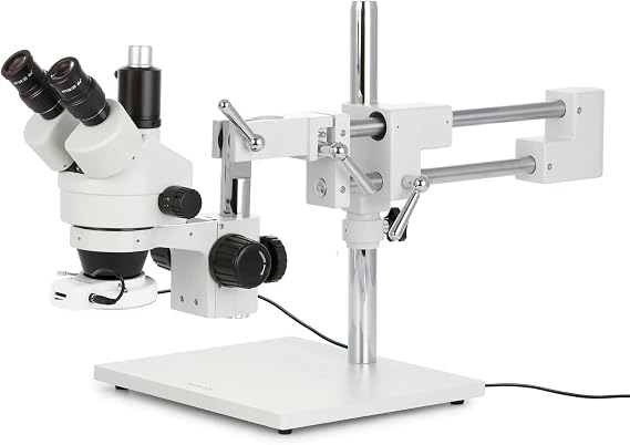 AmScope SM-4TZ-56S Professional Trinocular Stereo Zoom Microscope, WH10x Eyepieces, 3.5X-90X Magnification, 0.7X-4.5X Zoom Objective, 56-Bulb LED Ring Light, Double-Arm Boom Stand, 110V-120V, 110V-240V, Includes 0.5X and 2.0X Barlow Lens