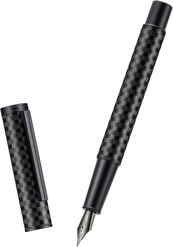 HONG DIAN Black Forest Pro Carbon Fiber Fountain Pen, Medium Nib Modern Design Smooth Writing Pen with Ink Refill Converter and Metal Pen Box Set