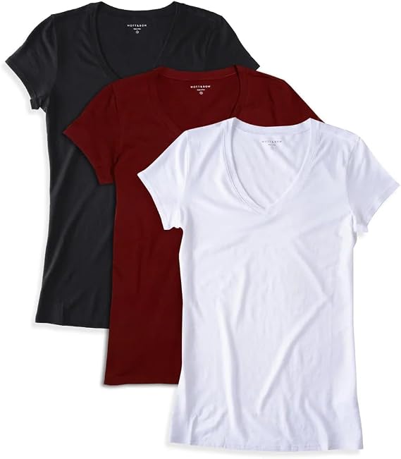 Mott & Bow 3 Pack Women's Fitted V-Neck T-Shirt, XL Black, Crimson & White