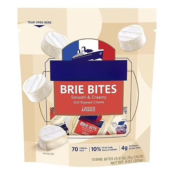 Brie Bites , this Brie still represents the best of French cheese making tradition. Ile de France Brie Bites are a buttery cheese with fresh, milky notes and a touch of hazelnut and mushroom. These perfect little bites are packed with protein and are perfect to throw in a lunch box or for an afterschool snack. For adults, one or two bites are use the whole bag as part of the perfect cheese board. [ 9 oz , 0.5 lb ] 10 ct