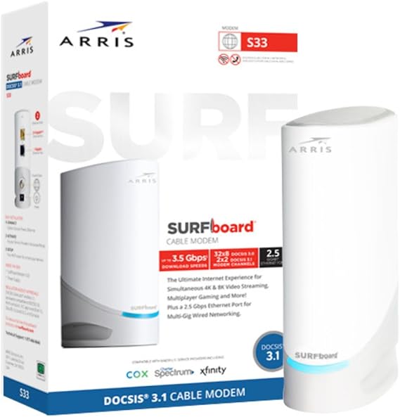 ARRIS SURFboard S33 DOCSIS 3.1 MultiGig Cable Modem | 2.5Gbps + 1Gbps Ethernet Ports | Works with Xfinity, Cox, Spectrum | For Cable Internet Plans up to 2.5Gbps | Modem Only, Router Required