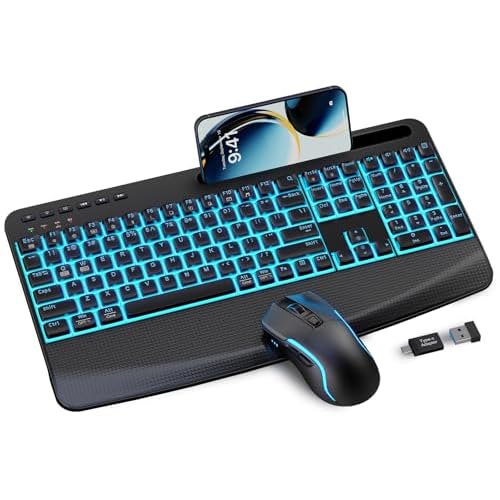 Wireless Keyboard and Mouse Combo,SABLUTE KM25Pro Rechargeable Backlit Ergonomic Keyboard with 4000mAh Battery, Wrist Rest and Phone Holder, Quiet for PCMacLaptopWindowsChrome OS