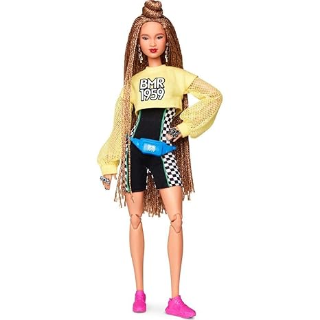 Barbie BMR1959 Fully Poseable Fashion Doll with Braided Hair, Wearing Bike Shorts Romper and Cropped Sweatshirt, with Accessories and Doll Stand