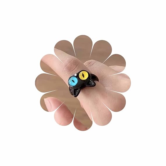 Cute Cat Ring for Women, Adjustable Open Kitty-shaped | Black Cat Crystal Eye, Kitten Pet Gift Jewelry, Pet Lovers