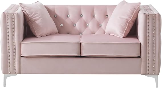 Home Office Indoor Modern Grid Tufted Cushioned Couch Paige 63 in. Pink Velvet 2-Seater Sofa with 2-Throw Pillow