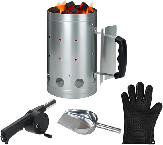 Charcoal Chimney Starter Set With Accessories,Charcoal Starter Chimney | BBQ Chimney Starter With Heat Shield Handle,Charcoal Lighter With Hand Crank Blower,Heat-Resistant Glove & Coal Shovel