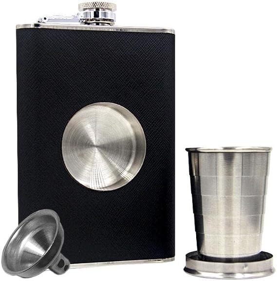Stainless Steel 8oz Shot Flask Hip Flask With Built in Collapsible Cup (Black)