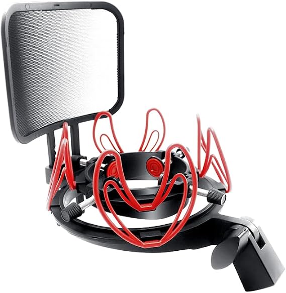SUUNTOK Microphone Shock Mount with Pop Filter Universal Shock Stand for Microphones Size at 21-62mm Anti-Vibration Mic Holder Clip Compatible with AT2020 MXL 990 770 Rode NT1-A Neumann 103(Red)