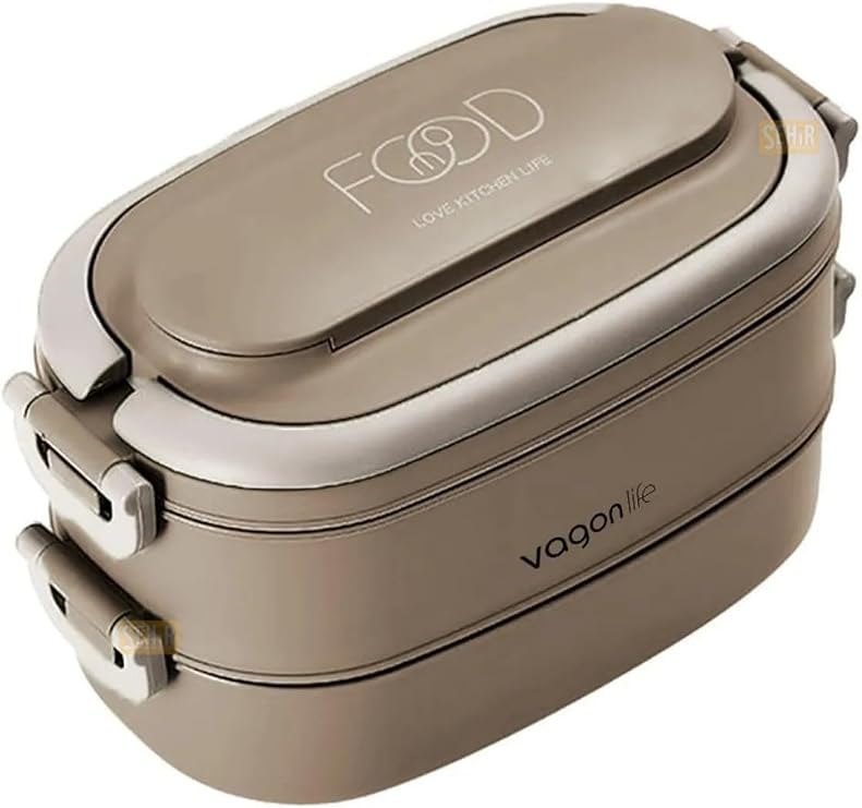 Vagonlife Bento 1140ml Lunchbox 2 Katlı 4 Bölmeli Mini Kaseli Çelik Sefer Tası Yemek Kutusu (Kahverengi)