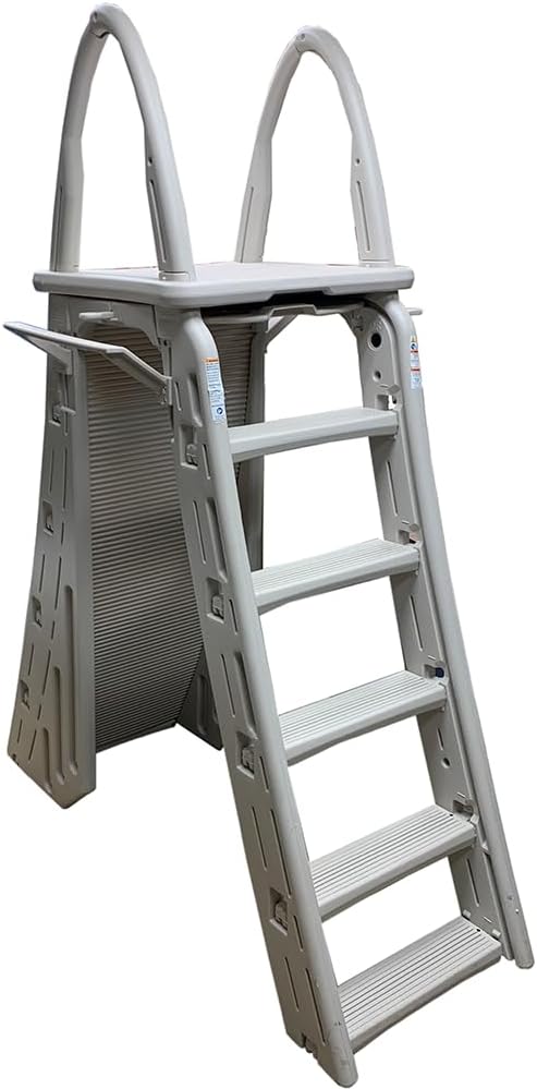 Confer Plastics 7200 Roll Guard fits Above-Ground Pool Heights from 48" to 56" A Frame Safety Ladder for Above Ground Outdoor Patio Swimming Pool Platform Ladder with Step Barrier Warm Grey