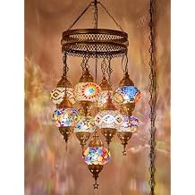 DEMMEX PLUGIN Turkish Moroccan Mosaic Chandelier Light, Ceiling Hanging Lamp Pendant Light Fixture with 15ft 4.5mt Cord Chain and Plug, Handmade, Customizable (9 Globes PLUGIN, 41"- 105cm Height)