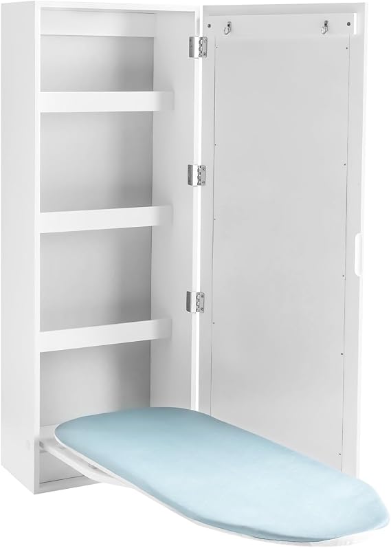 Wall Mounted Ironing Board Cabinet, Foldable Ironing Board Holder Wall Mount Built-in Swivel Ironing Boards with Storage for Home, Apartment & Small Spaces, White