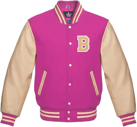 Men's Varsity Baseball Letterman Bomber Light Pink Wool & Cream Genuine Leather Sleeves B Logo Jacket