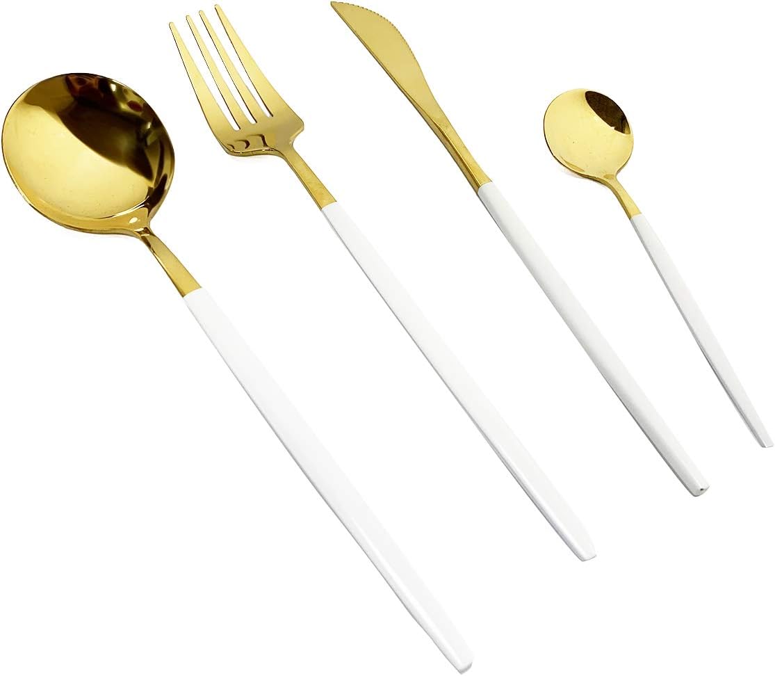 24-Piece Silverware Set - 1810 Stainless Steel Reusable Utensils Forks Spoons Knives Set, Mirror Polished Cutlery Flatware Set, Great for Family Gatherings & Daily Use 6 set, White Handle Gold