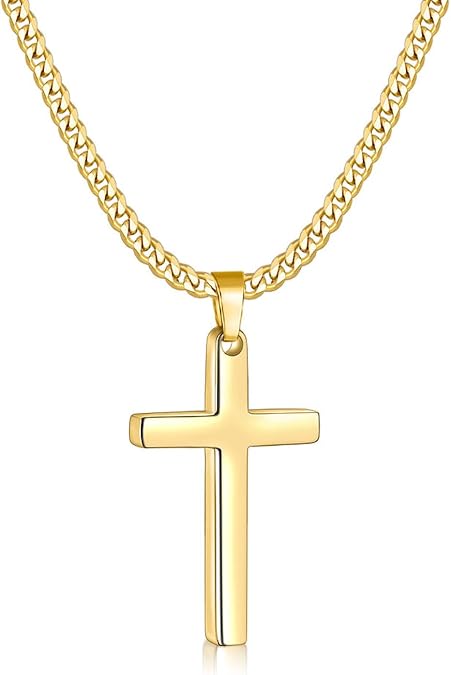 Fiusem 14K Gold Plated Cross Necklace for Men, Mens Cross Necklaces with 3.5mm Chain and Stainless Steel Small Pendant, Cuban Chain 16-24 Inch