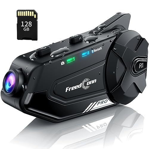 FreedConn R1 PRO Motorcycle Bluetooth Headset with2K Camera [G-Sensor Lock], 2-8 Riders 1500M Helmet Intercom Systems, Motorcycle Helmet Camera - 128GB TF Card, Music ShareInfinite BatteryIP65