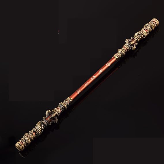 Monkey King Staff 13.8”,Black Myth Golden Hoop Wukong Staff,Game Collection,Monkey King weapon decoration,West-peripherals Game Model,Backpack Pendant Solid Zinc Alloy Crafts (Bronze + White Text)