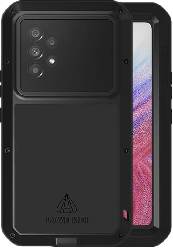 LOVE MEI Compatible with Samsung Galaxy A53 5G Case, Outdoor Sports Waterproof Military Heavy Duty Shockproof Dust/Dirt Proof Hybrid Aluminum Metal+Silicone+Tempered Glass Case Hard Cover (Black)