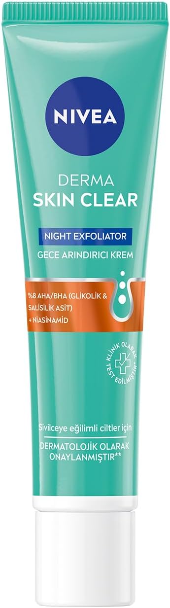 NIVEA Derma Skin Clear Night Exfoliator Gece Arındırıcı Krem 40ml,%8 Glikolik Asit AHA ve Salisilik Asit BHA ile Sivilce Karşıtı Etki,Eşit Cilt Tonu
