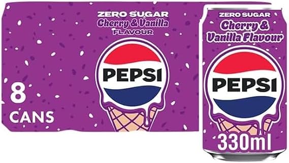 Pepsi Cola Carbonated Soft Drink Cans Pack of 8 (330 ml Each) | Classic Refreshing Beverage | Perfect for Sharing & Celebrations (Pepsi Cherry & Vanilla Flavour 8 x 330ml)