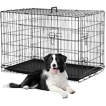 Dog Crates for Large Dogs Outdoor Indoor, Dog Cage Kennel Foldable Metal Wire Dog Crate with Leak-Proof Tray and Handle Double Door, Animal Pet Cage, 42 Inch