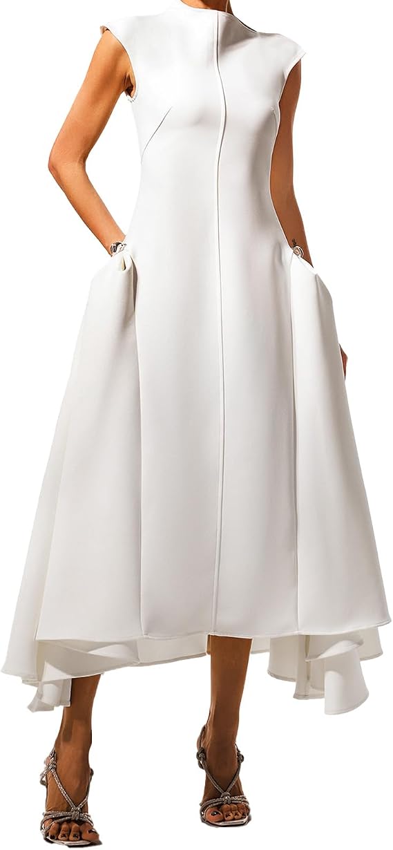 Red Trendy Sleeveless Irregular Hem Fit and Flare Dress for Women Classic Crew Neck Slim Waist Cocktail Date Night Dress