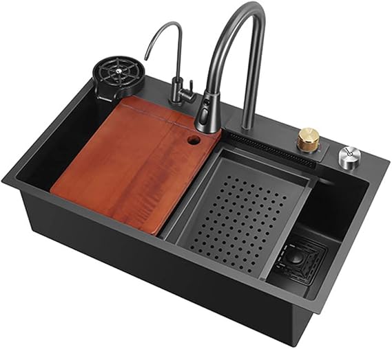 Wttfc Kitchen Sink Workstation 304 Stainless Steel Nano Raindance Waterfall Sink Home Single Sink Workstation Kitchen Sink with Pull-Out Faucet, Pressurized Cup Washer,75 * 45 * 20cm [Energy Class A]